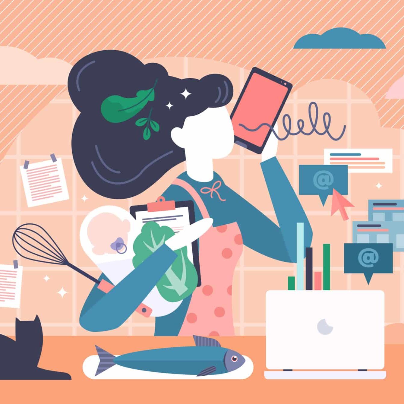 Multitasking,Busy,Mom,At,Home,Concept,,Vector,Illustration,Tiny,Female